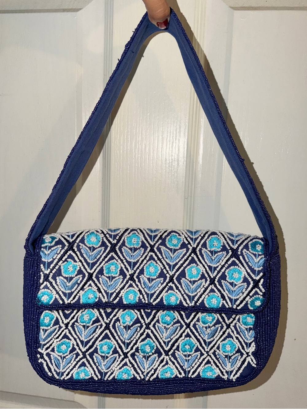 Embroidered Navy beaded Shoulder Bag with Turquoise Floral Accents